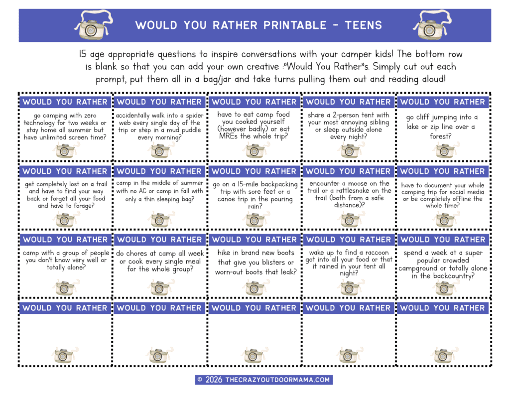 would you rather camping questions teens printable game